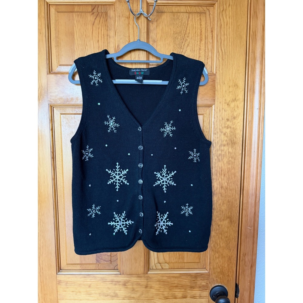 Hampshire Studio Snow Black Snowflake Sequin Sweater Vest Womens Large Holiday